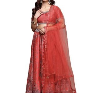 Women's Red Tuberose Square Neck Blouse With Lehanga And Dupatta