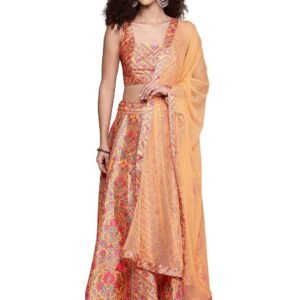 Women's Yellow Fern Square Neck Blouse With Lehanga And Dupatta