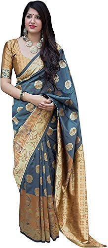 Women's Grey Color Saree Mustard Art Women's Banarsi Silk Blend Saree With Blouse Piece Designer Saree