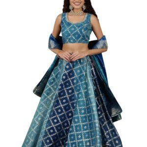 Women's Blue Printed Zari Embroidered Crop Top, Brocade Flared Skirt and Dupatta Set