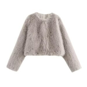 Women’s Faux Fur Winter Jacket Loose Crop Round Neck Long Sleeve