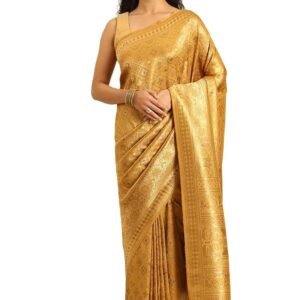 Women's Saree in Emerald Green Brocade Zari Border Intricate Tile Pattern Weaving Regal Woven Pallu Matching Geometric Floral Blouse