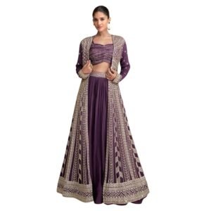 Women's Jacket Lehenga Set - Lehenga, Choli & Embroidered Jacket | 3-Piece Designer Ethnic Outfit for Wedding, Festive | Indo-Western Fusion Wear | Wine| Free Size