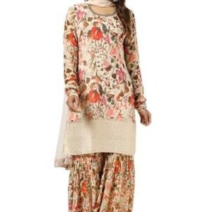 Womens Chinon Floral Print Suit Set With Mirror And Cutdana