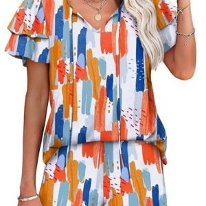 Summer Outfits for Women 2 Piece Short Sleeve V Neck Lounge Sets Casual, 2-colorful, XXL, 2-colorful, XXL
