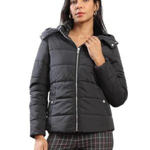 Women Mock Neck Front Zip Winter Wear Insulator Puffer Jacket With Detachable Soft Functional Hood
