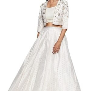 Women's Off White Dyed Printed Sequins Georgette Straight Crop Top, Skirt and Jacket Set