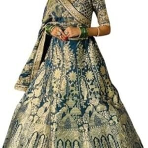 Women's Bridal Lehenga Choli, Heavy Embroidered, Teal and Gold, Traditional