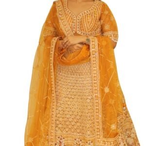 Women's Yellow Embroidered Lehenga Choli with Net Dupatta, Ethnic Dress, Pearl Embellished Traditional Indian Bridal Outfit