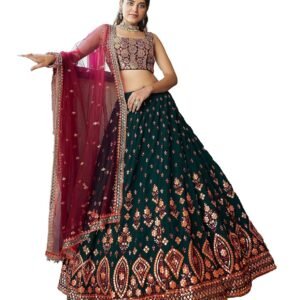 Women's Georgette Embroidered Semi-Stitched Lehenga Choli with Dupatta (1944-Green-Wedding-Girlish-Latest-Lehenga; Free Size)