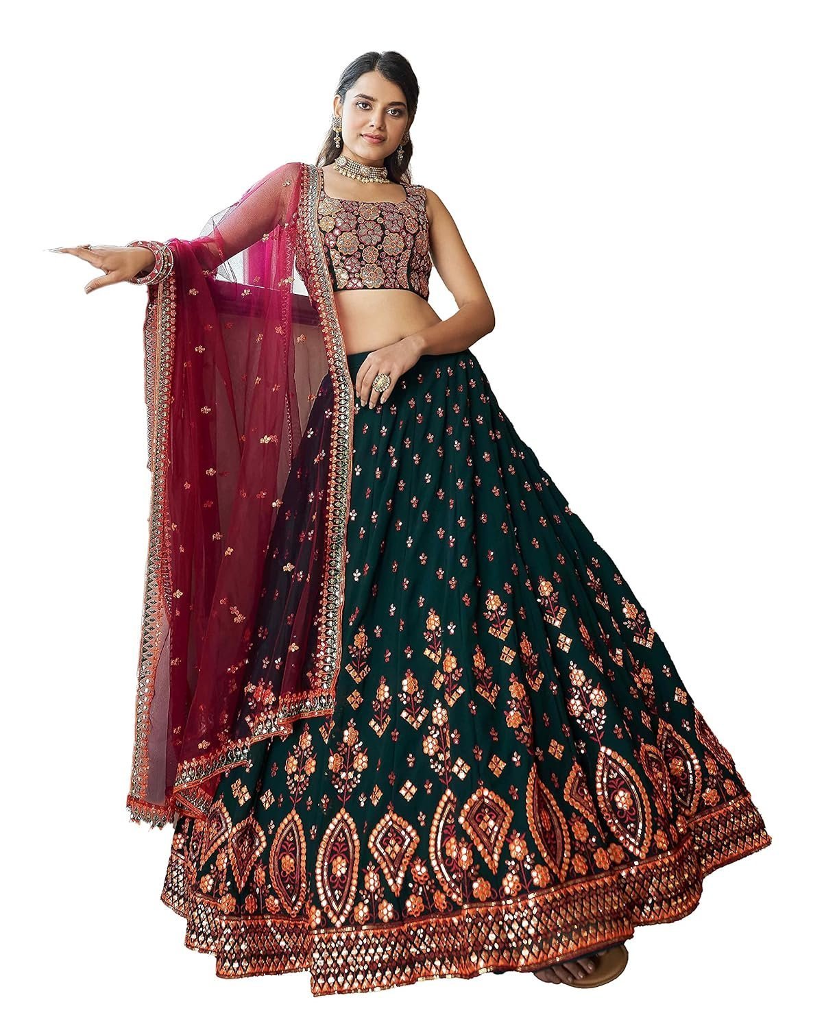 Women's Georgette Embroidered Semi-Stitched Lehenga Choli with Dupatta (1944-Green-Wedding-Girlish-Latest-Lehenga; Free Size)