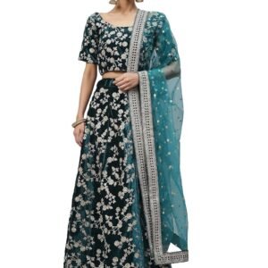 Women's Velvet Lehenga Choli With Dupatta (Turquoise_Unstitched_CLVilla-93-Rama)