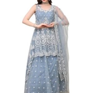 Women's Icy Blue Fishtail Lehenga Set for Women | Tissue Net Flared Skirt with Can-Can, Pearl & Zircon Embellished High-Low Top and Dupatta | Elegant Party & Festive...