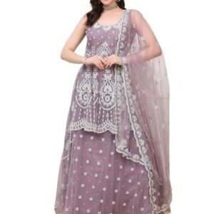 Women's Lavender Tissue Net High-Low Lehenga Set | Fish Tail Top with Pearl & White Zircon Embroidery Full Flare Skirt with Can-Can & Dupatta | Elegant Party Ensemble