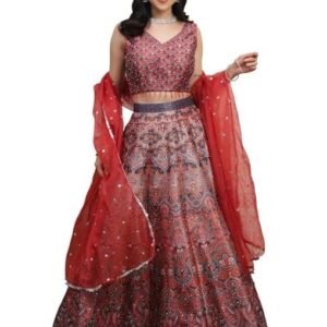 Women | Silk Stitched Skirt with Embroidered Crop Top & Organza Dupatta | Pearl & Sequin Work | Festive & Wedding Ready Ensemble