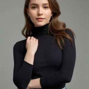 Solid Women Turtle Neck Black T-Shirt