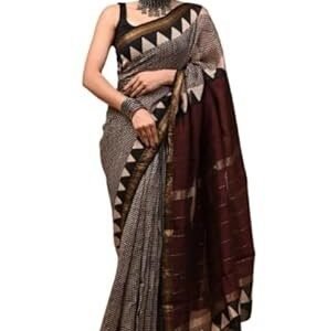 Women's hand block printed Maheshwari silk saree 6.3 m including blouse piece