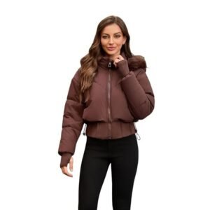 Women’s Short Hooded Cotton Jacket with Fur Collar Thick Warm Waist Design Winter Coat