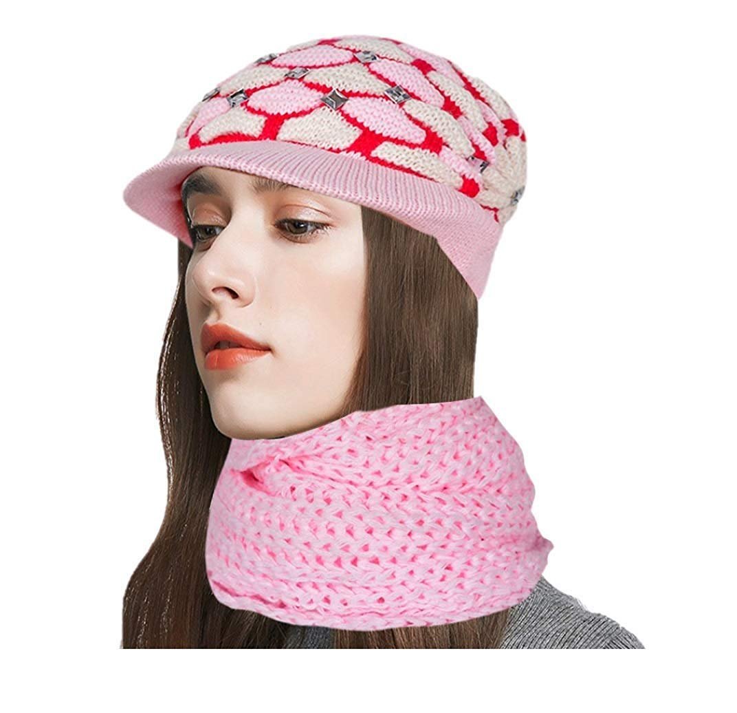 Women's Combo of Woollen Cap with Muffler (Pink, Free Size)