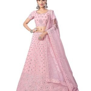 Women's Mirror and Resham work Pink color Georgette base Lehenga Choli For Women