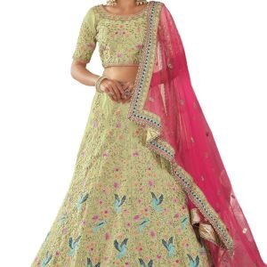 Women's Pista Green Color Art Silk Fabric bird motif design Lehenga For Women