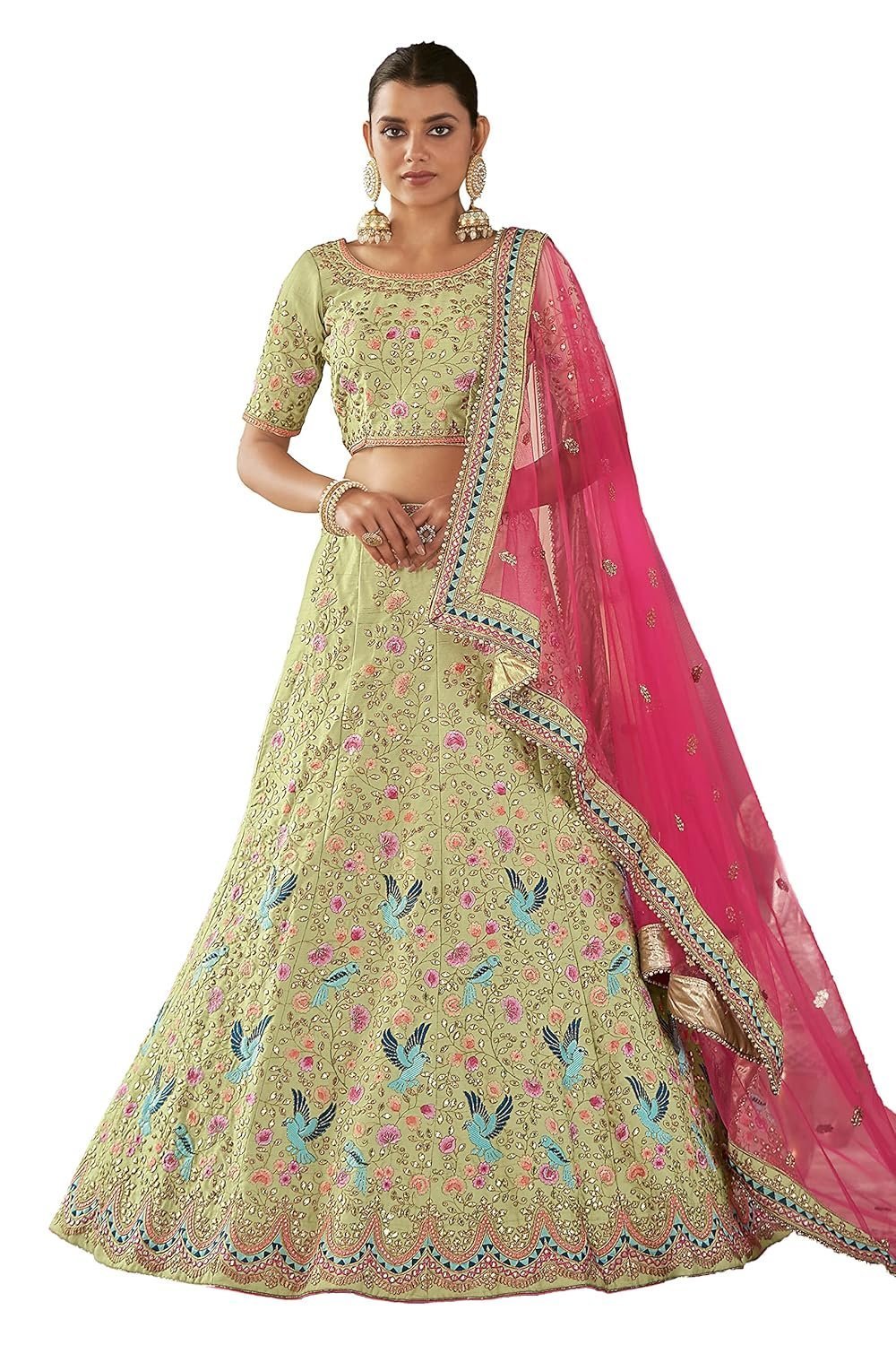 Women's Pista Green Color Art Silk Fabric bird motif design Lehenga For Women