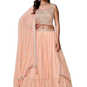 Women's Thread With Pearl Peach Ruffle Lehenga