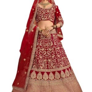 Women Velvet Lehenga Choli Semi-Stitched Red Free Size