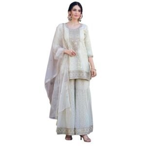 Women's Garara Palazzo Kurti Set - 2-Piece with Flared Bottom & Kurti | Indian Outfit for Women | Stylish Traditional Dress | White | L