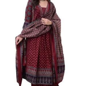 Women's Rayon Printed Anarkali Kurta and Pant with Dupatta Set