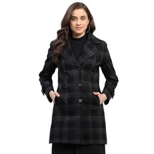 Womens Regular Fit Checked Pattern Collared Neck Button Closure Full Sleeve Winter Coat Warm Woolen Overcoat for Ladies | Stylish Long Sleeve Buttoned Jacket
