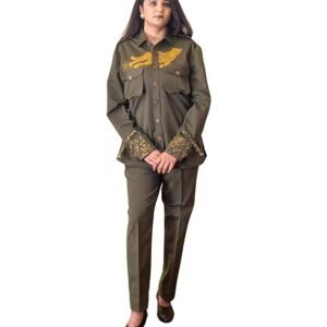 Women's Hand Painted Safari Suit with Running Cheetah Design, Two Piece Set with Shirt and Pants, Artistic Animal Print Outfit for Casual Wear, Nature Themes, or Events