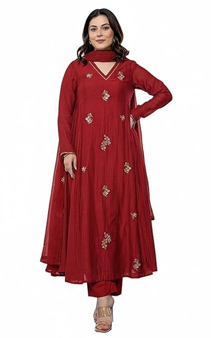 Women Embroidery Solid Anarkali Kurta and Pant Set with Dupatta