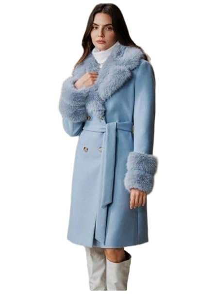 Women’s Light Blue Winter Coat – Stylish Long Jacket with Faux Fur Collar & Cuffs | Elegant Warm Outerwear for Parties, Events, Travel & Cold Weather Fashion |