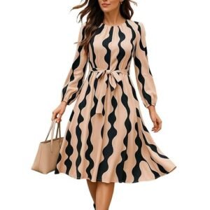 Women’s A-Line Midi Dress | Long Sleeve Belted Fit and Flare Gown | Elegant Printed Casual Outfit