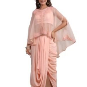 Womens Georgette Draped Dress with Embroidered Cape | Soft Lightweight Indo Western Outfit for Festive Parties & Special Occasions | Stylish Dress for Girls (Orange Color)