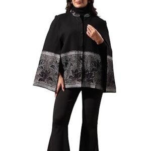 Women’s Designer Winter Cape Coat with Zari Woven Lotus Border | Premium Formal Outerwear | Modern Chic Formal Jacket for Formal,Party and Festive Ocassions
