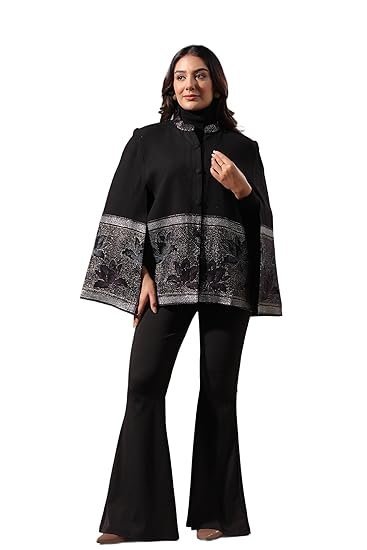 Women’s Designer Winter Cape Coat with Zari Woven Lotus Border | Premium Formal Outerwear | Modern Chic Formal Jacket for Formal,Party and Festive Ocassions