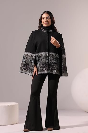 Women’s Designer Winter Cape Coat with Zari Woven Lotus Border | Premium Formal Outerwear | Modern Chic Formal Jacket for Formal,Party and Festive Ocassions - Image 2