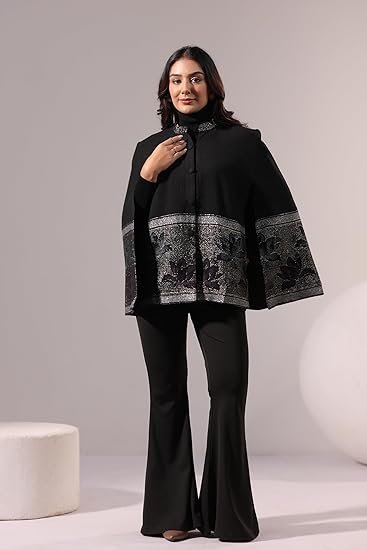 Women’s Designer Winter Cape Coat with Zari Woven Lotus Border | Premium Formal Outerwear | Modern Chic Formal Jacket for Formal,Party and Festive Ocassions - Image 3
