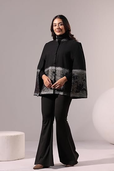 Women’s Designer Winter Cape Coat with Zari Woven Lotus Border | Premium Formal Outerwear | Modern Chic Formal Jacket for Formal,Party and Festive Ocassions - Image 4