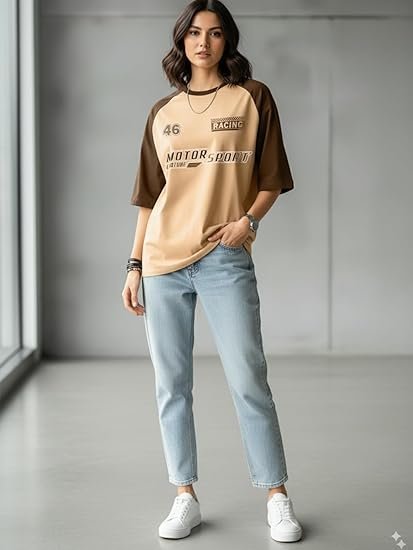 Oversized Half Sleeve Cottonblend Tshirt for Women, Round Neck Longline Printed Colour Blocked Baggie T-Shirt (Color Rama Green) - Image 2