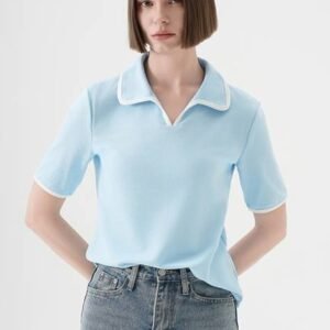 Solid Women Polo Neck Blue T-Shirt