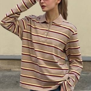 Striped Women Polo Neck Beige T-Shirt