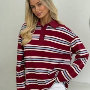 Striped Women Polo Neck Maroon T-Shirt