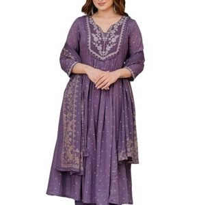 Women’s 100% Pure Cotton Anarkali Kurta Set with Pant & Dupatta | Embroidered Flared Kurta | Elegant Ethnic Suit