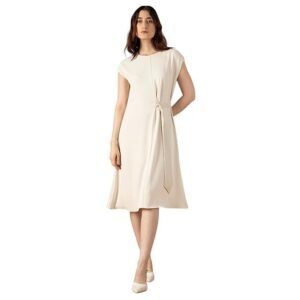 Women's Regular Fit Half Sleeve Belted Fit and Flare Calf Length Dress