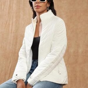 Women Mock Neck Front Zip Belted Winter Wear Insulator Puffer Jacket With Detachable Soft Functional Hood