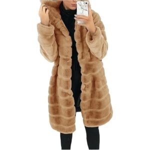 Women’s Long Hooded Faux Fur Coat, Loose Fit Plush Winter Jacket