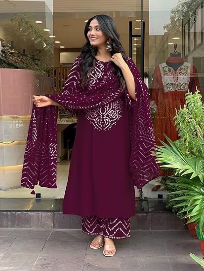 Women’s Viscose Rayon Straight Kurta Pant Dupatta Set | Bandhani Block Print Suit Set | Cotton Kurta Set with Dupatta Ethnic Dress | Festive Kurta Set - Image 4